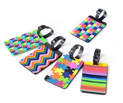 yueton 5pcs Colorful Tetris Pattern Rubber ID Tags Business Card Holder for Luggage Baggage Travel Identifier, Suitcase Label
