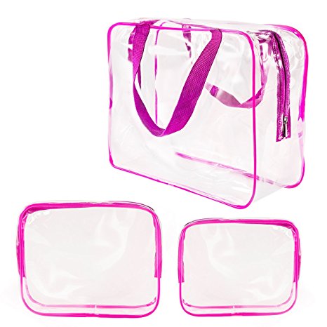 Clear Transparent Vinyl Travel Toiletry Cosmetic Trio Bags, Water Resistant PVC Packing Cubes with Zipper Closure & Carry Handles for Baby Women Men Shaving kit, Beach Pool Bag, Makeup Case, Hot Pink