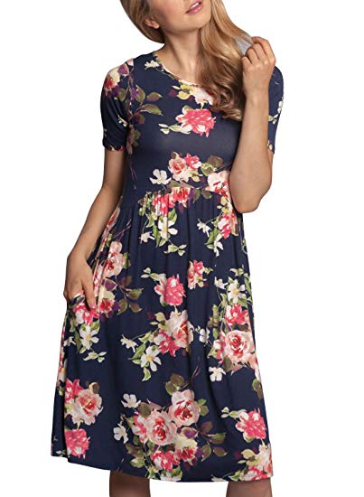 ZESICA Women's Summer Short Sleeve Floral Print Pockets Casual Swing Tunic Dress