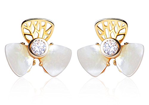 Long Way 18k Gold Plated 925 Sterling Silver Cubic Zirconia Two-Tone Flower Stud Earrings with Shell Petals for Women Girls