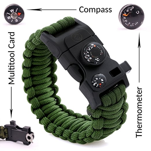 SnR Star Best Paracord Bracelet Outdoor 500 LB - Compass, Thermometer, Whistle, Screwdriver, Scrapper, Wrench,Bottle Opener,Outdoor Hiking Travelling Camping Gear Kit - 12 in 1 Parachute Rope Bracelet