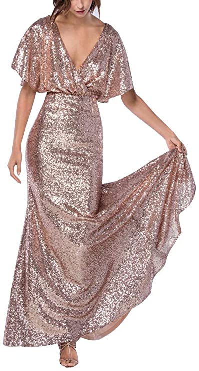 Staypretty Women's V Neck Sequin Long Mermaid Prom Evening Gown
