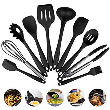 Heat-Resistant Silicone Kitchen Utensils Non-Stick Pan Baking Health Safe And Healthy Solid Coating Suit(10 pieces) (Black)
