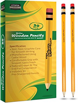 Pack of 30 Art Frenzy Wood-Cased 2HB Pencils - Yellow Wooden Lead Pencils with Latex-Free Eraser - Pre-Sharpened - by Utopia Home
