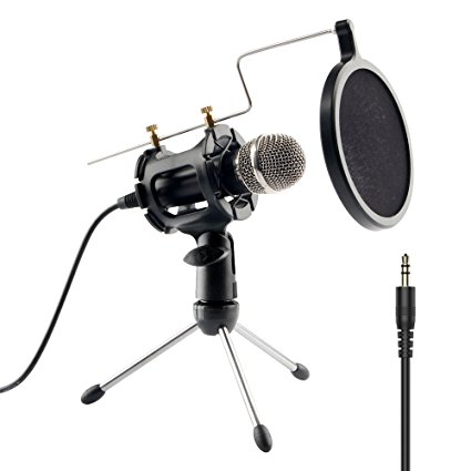 Imbeang Condenser Microphone with Audio Y Splitter, Plug & Play Home Studio Microphones with Mini Desktop MIC Stand dual-layer acoustic filter for Recording, PC, Computer, Podcasting