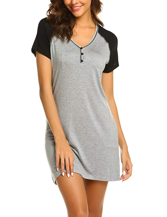 Ekouaer Women's Short Sleeve V-Neck Nightgown Soft Sleeping Shirts Loungewear Nightshirts