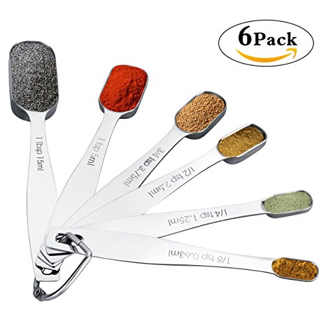 Measuring Spoons, Pomufa 18/8 Stainless Steel Metal Measuring Spoons for Dry and Liquid Ingredients, Narrow Shape to Fit in Spice Jars, Set of 6 with Professional Quality for Baking & Cooking