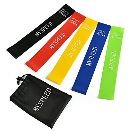 Myspeed Resistance Loop Exercise Bands ( Set of 5 ), Best for Working Out, Crossfit, Home Fitness, Physical Therapy. Used for Shaping Muscles, Arms, Legs and Back – Booklet and Carry Bag.
