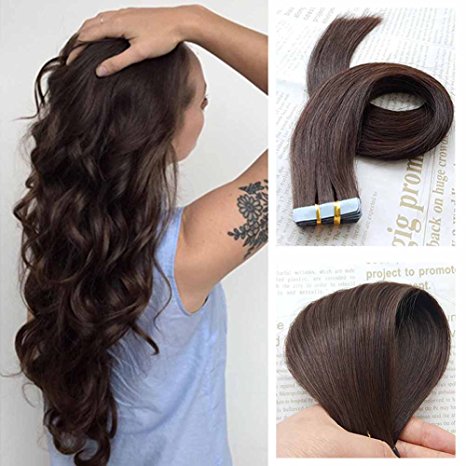 SHOWJARLLY #2 Dark Brown Remy Tape in Real Hair Extensions Human Hair Silky Straight 22inch Seamless Skin Weft Tape in Extensions (50g,20Pcs)