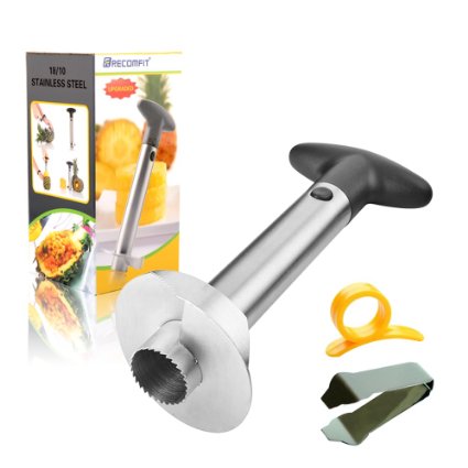 12304LIFETIME GUARANTEE12305The 2nd Generationsee the comparison on left pic HEAVY DUTY 1810 Stainless Steel Pineapple Slicer and De-corer Bonus Extra Strawberry Huller and Orange Peeler