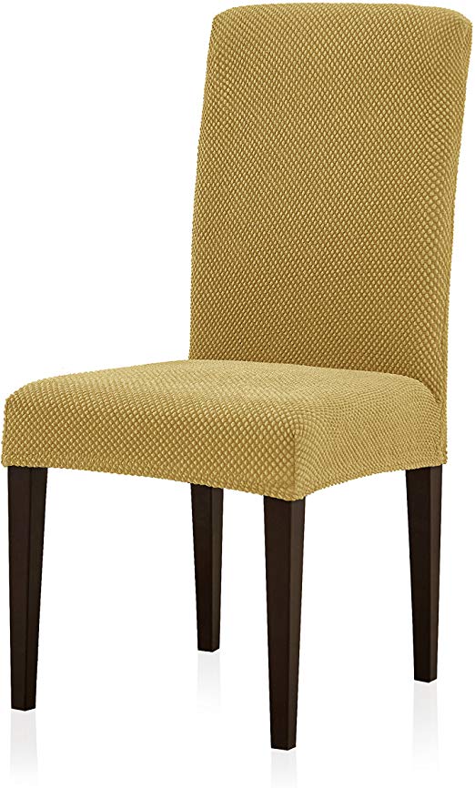 Subrtex Jacquard Dining Room Chair Slipcovers Sets Stretch Furniture Protector Covers for Armchair Removable Washable Elastic Parsons Seat Case for Restaurant Hotel Ceremony (4, Beige)